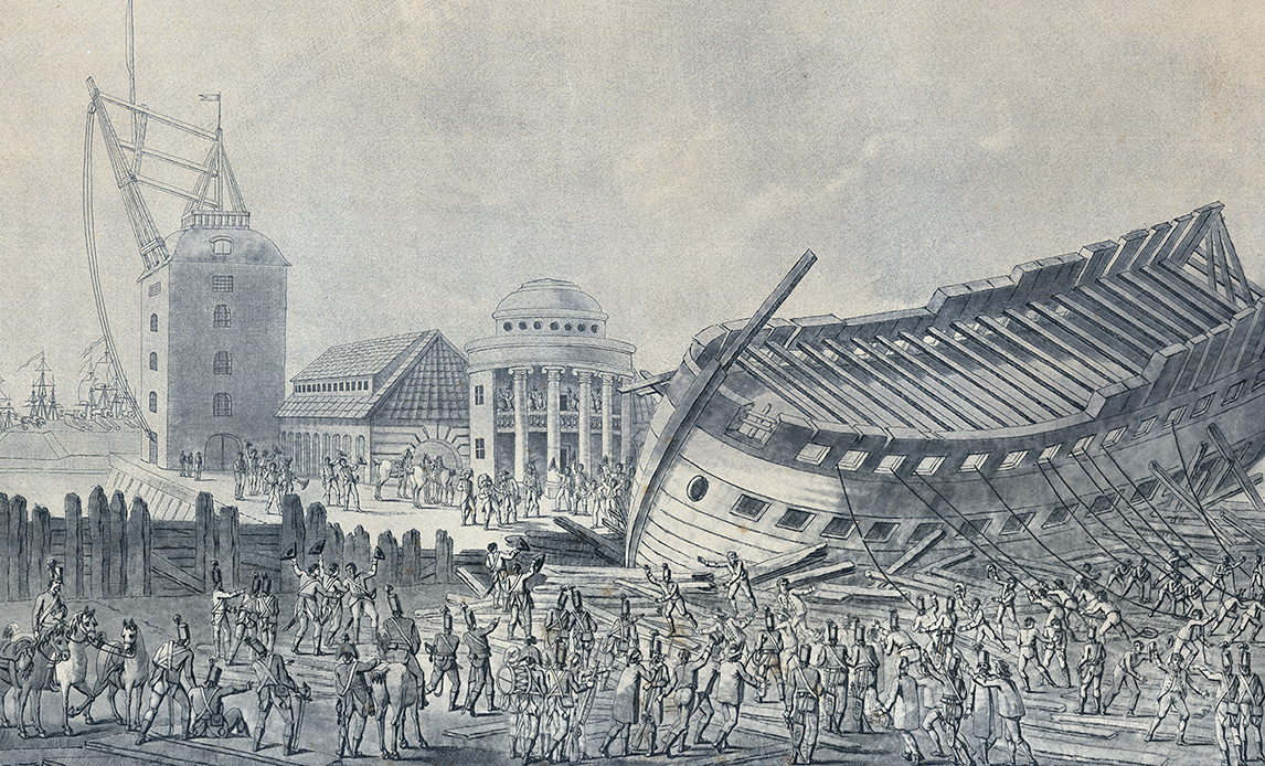 Efter Københavns kapitulation i 1807. Briterne ødelægger de skibe, de ikke kan tage med. Forsvaret.