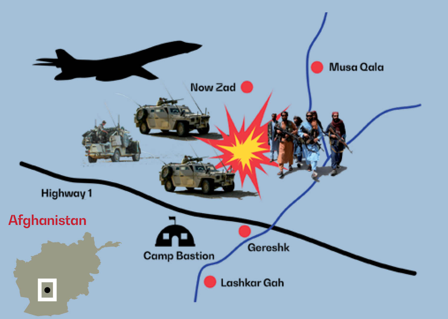 Eskadronens tre kampdelinger bestående af Eagler og GD’ere var placeret omkring de bløde køretøjer. Flystøtte blev leveret af et amerikansk B1-bombefly.