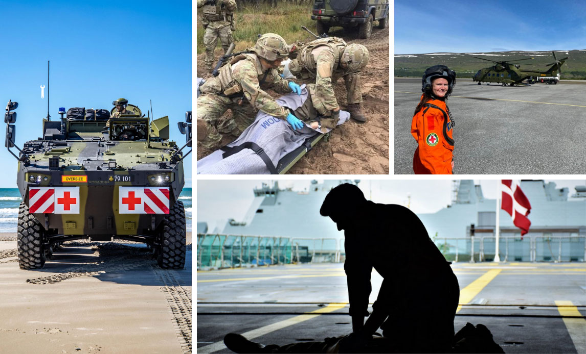 Kollage med billeder af Piranha 5 kampvogn, SARlæge foran redningshelikopter, soldat der yder førstehjælp og soldater på øvelse