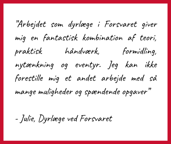 Citat af Julie, Dyrlæge ved Forsvaret:
”Arbejdet som dyrlæge i Forsvaret giver mig en fantastisk kombination af teori, praktisk håndværk, formidling, nytænkning og eventyr. Jeg kan ikke forestille mig et andet arbejde med så mange muligheder og spændende opgaver”